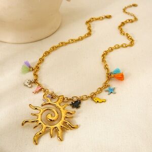 Gold Sun Pendant Necklace with Colorful Charms